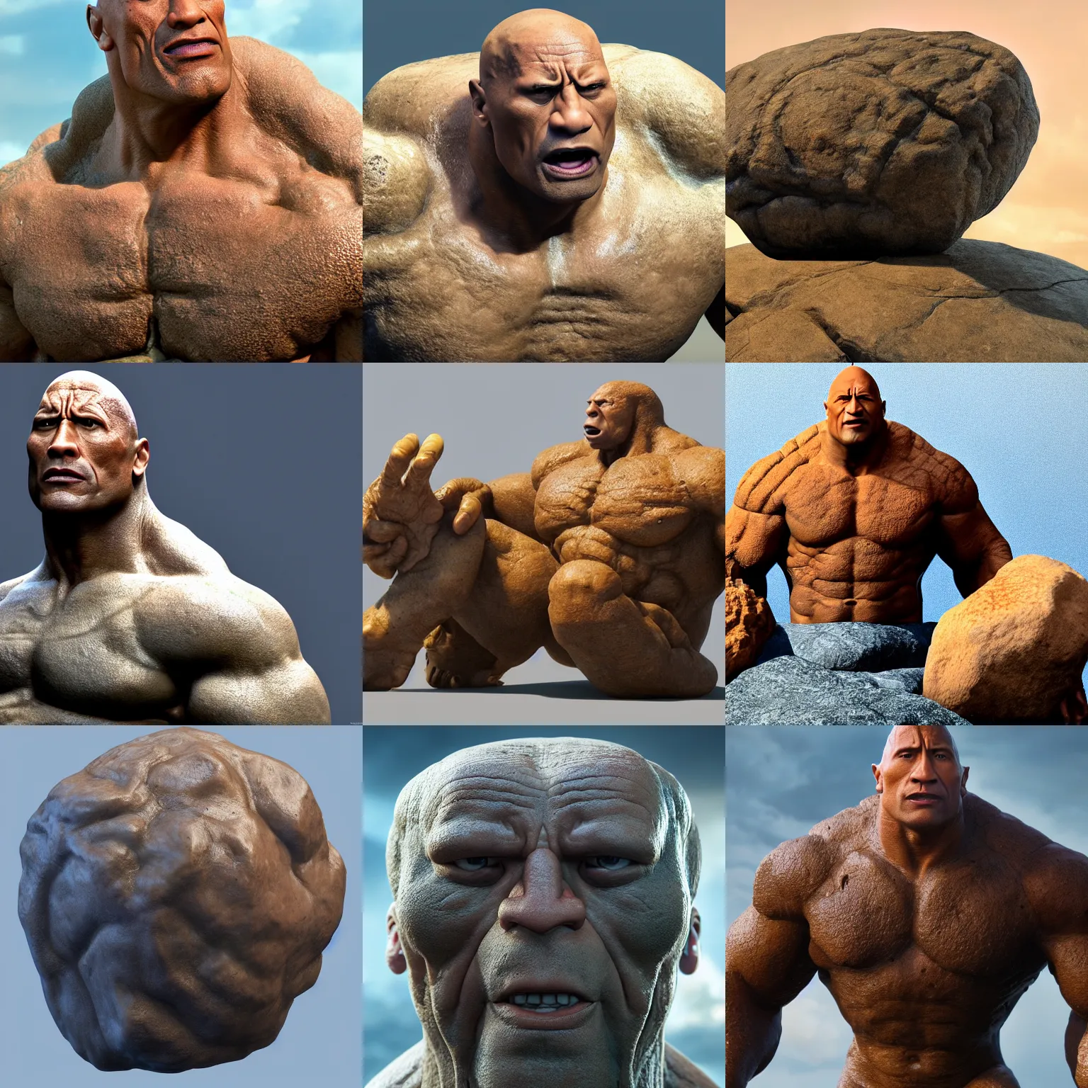 Image similar to dwayne johnson is a boulder rock made of stone, the thing for fantastic 4, octane render, 8 k cinematic still, highly detailed, sculpted in zbrush, textured in substance, featured on artstation