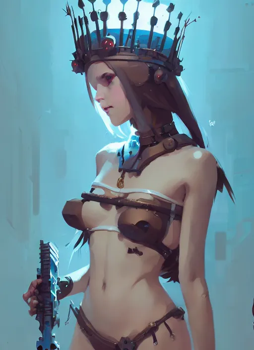 Image similar to portrait of cute maiden girl with crown of thorns in cyber bikini armor, warhammer, cyberpunk, by atey ghailan, by greg rutkowski, by greg tocchini, by james gilleard, by joe fenton, by kaethe butcher, dynamic lighting, gradient light blue, brown, blonde cream and white color in scheme, grunge aesthetic