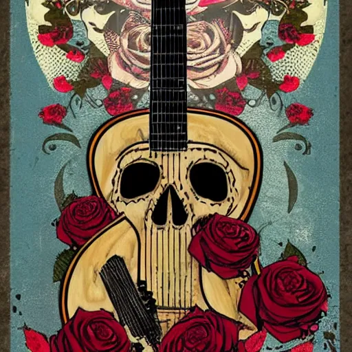 Prompt: skull and guitar and roses,