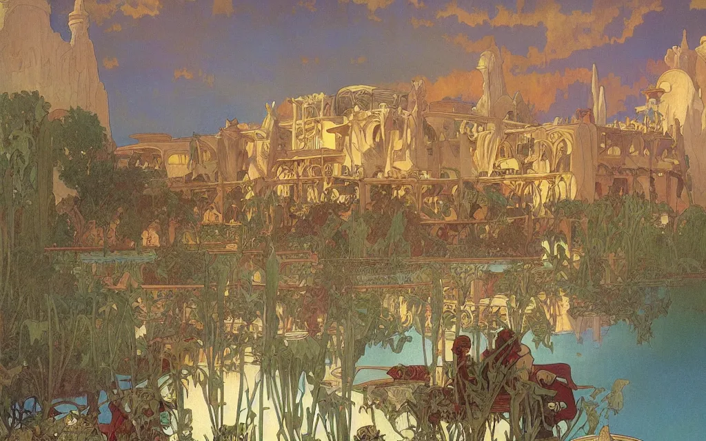 Prompt: A beautiful matte painting of a desert fantasy inn by the lake by Alphonse Mucha, Clyde Caldwell,Brothers Hildebrandt, thomas kincade, trending on artstation
