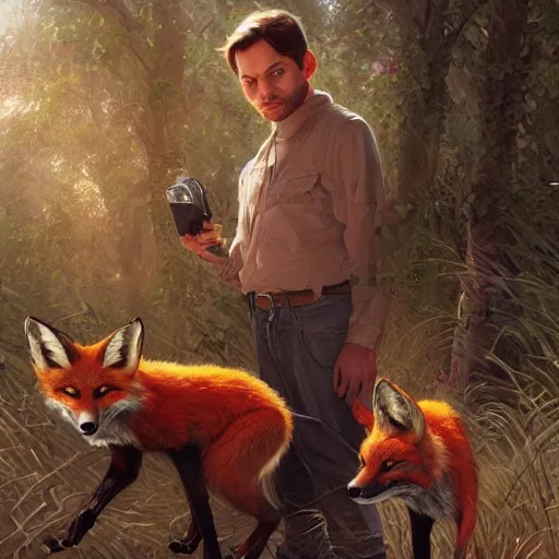 Image similar to tobey maguire and a red fox, intricate, highly detailed, digital painting, artstation, concept art, smooth, sharp focus, illustration, unreal engine 5, 8 k, art by artgerm and greg rutkowski and alphonse mucha