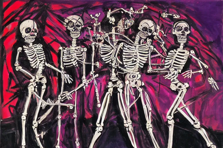 Image similar to scene from ballet, day of the dead, cyber skeletons, queen in black silk in the center, neon painting by otto dix