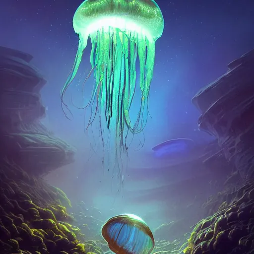 Image similar to photorealistic alien jellyfish world in the style of greg rutkowski and michael whelan. hyperdetailed photorealism, 1 0 8 megapixels, amazing depth, glowing rich colors, powerful imagery, psychedelic overtones, 3 d finalrender, 3 d shading, cinematic lighting, artstation concept art