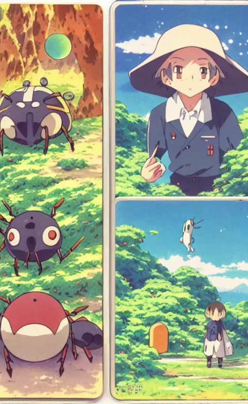 Prompt: a pocket monster go card from 1 9 5 0, illustration, clear sky background, lush landscape, concept art, anime key visual, trending pixiv fanbox, by wlop and greg rutkowski and makoto shinkai and studio ghibli and kyoto animation and ken sugimori, symmetrical facial features, cute beetle pet companion, box art