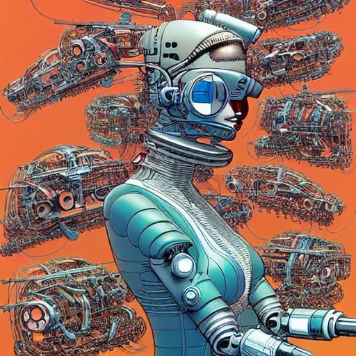 Prompt: a beautiful highly detailed futuristic mechanical lady, cyberpunk garage on jupiter, filled with people,, art by geof darrow,