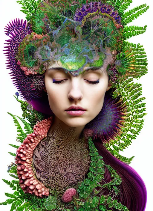 Prompt: ridiculously beautiful young womans face in full color, layers of intricate swirling fractals of 3 d green fern and foxglove skin, blooming, portals into dimensions, coral, birds, symmetrical, in the style of ernst haeckel, effervescent, sacred geometry, surrealism, photo realistic, epic and cinematic, 3 d, clear, sharp,