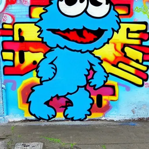 Image similar to cookie monster in the style of amazing graffiti art