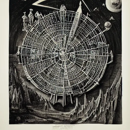 Image similar to satanic russian extraterrestrial city disk magpie archway bean archangel , by Chesley Bonestell and Pieter Bruegel the Elder and Robert Rauschenberg , NFT , An ink drawing , 4K