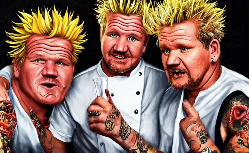 Prompt: surreal detailed photograph of gordon ramsay and guy fieri by artist charlie white, 4 k image, odd, surreal!