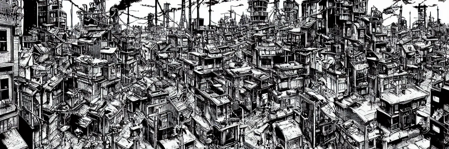 Prompt: an atompunk town, dramatic, atmospheric, by junji ito