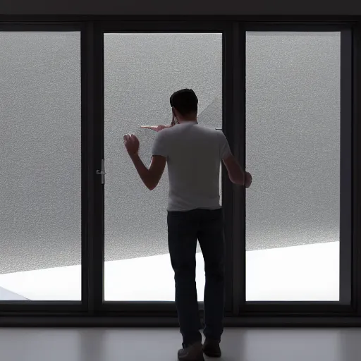 Image similar to 3 d rendered image of a man opening window, fresh air blender 3 d keyshot unreal engine