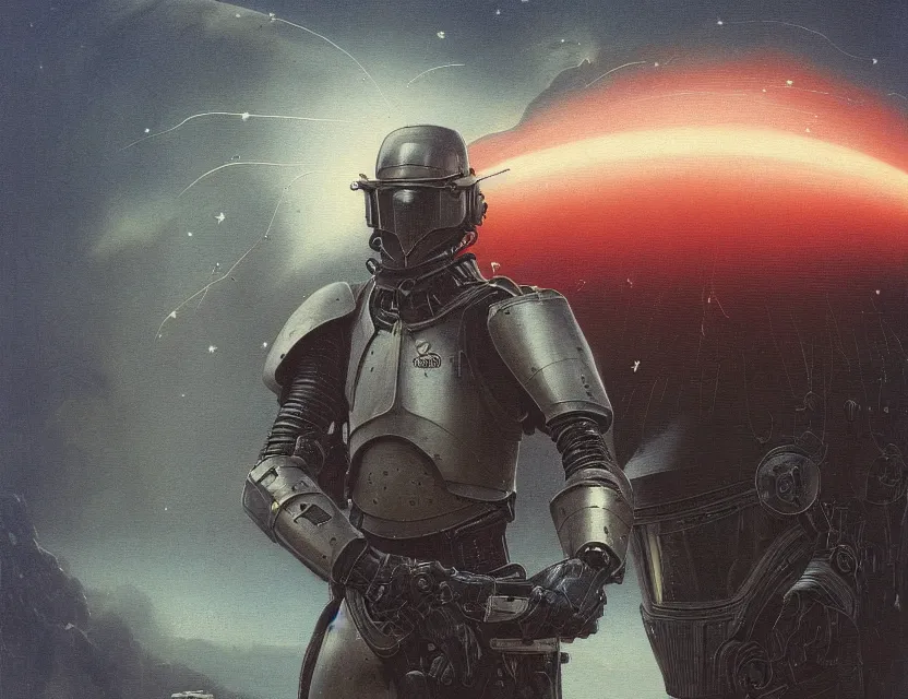 Image similar to a detailed portrait painting of a lone bounty hunter in combat armour and visor. cinematic sci-fi poster. Flight suit and wires, accurate anatomy. Samurai influence, knight influence. fencing armour. portrait symmetrical and science fiction theme with lightning, aurora lighting. clouds and stars. Futurism by moebius beksinski carl spitzweg moebius and tuomas korpi. baroque elements. baroque element. intricate artwork by caravaggio. Oil painting. Trending on artstation. 8k