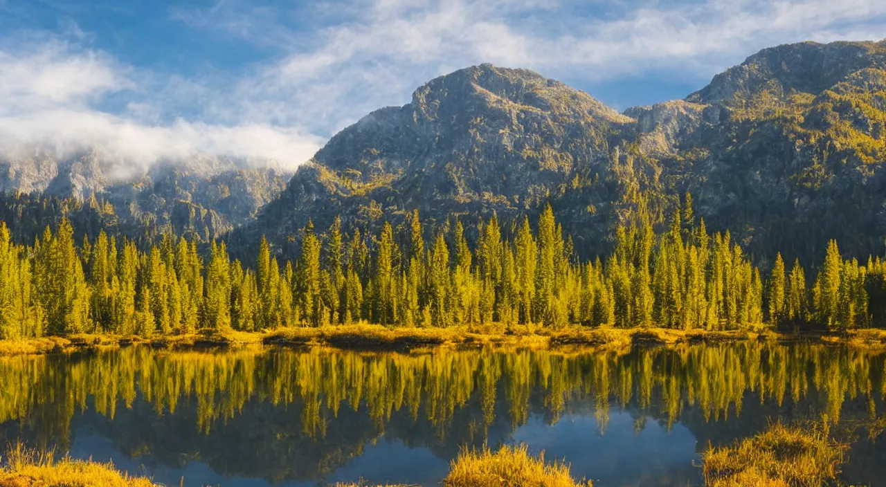 Prompt: sunny landscape, golden vegetation, mirror lake on the right side, foggy mountains far away, photographic quality