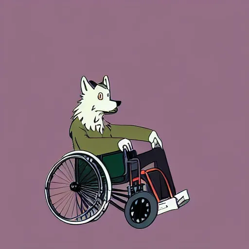 Image similar to a study of cell shaded cartoon of a wolf in a wheelchair from howl's moving castle ( 2 0 0 4 ) on a desert road, full body, wide shot, very muted colors, post grunge, studio ghibli, laurie greasley, highly detailed, deviantart, art by artgem