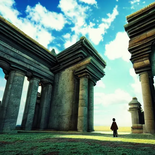 Prompt: a lone traveler exploring giant temples with large doors, mysterious statues, fantasy art