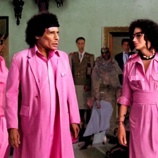 Prompt: A movie still of Muammar Gaddafi wearing a pink dress in Mean Girls