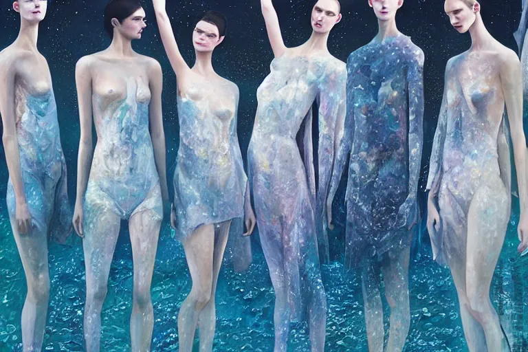 Image similar to 3 d, close - up, group of fashion models standing in a night lake with their hands raised to the bright moon, moon ryas, vogue cover style, intricate oil painting, high detail, figurative art, multiple exposure, poster art, 3 d, by tooth wu and wlop and beeple
