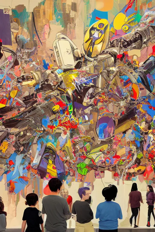 Prompt: Full length view of people viewing a stack of televisions broadcasting graffiti art in a museum gallery, professional illustration by artgerm, painterly, yoshitaka Amano, hiroshi yoshida, moebius, loish, painterly, and james jean, illustration, backlit, masterpiece
