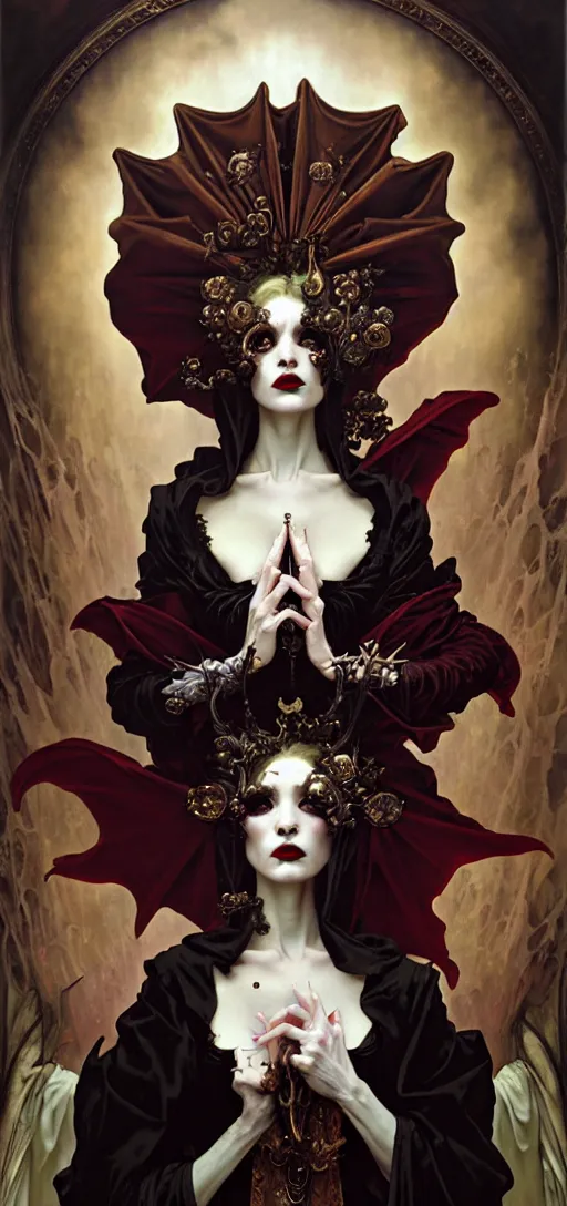 Prompt: baroque oil painting of vampire princess in gothic robes, by nekro, peter mohrbacher, alphonse mucha, brian froud, yoshitaka amano, kim keever, victo ngai, james jean