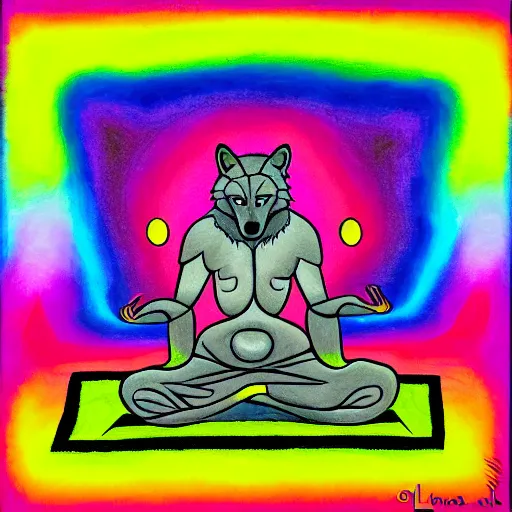 Image similar to an anthromorphic wolf man meditating in a zen garden, by amanda clark and lisa frank in a psychedelic style, oil on canvas