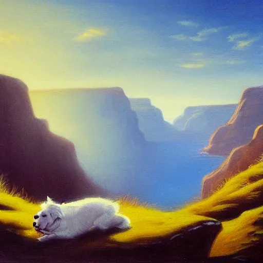 Prompt: dog lying next to a canyon close to the sea, evocative, mist, romanticism landscape painting