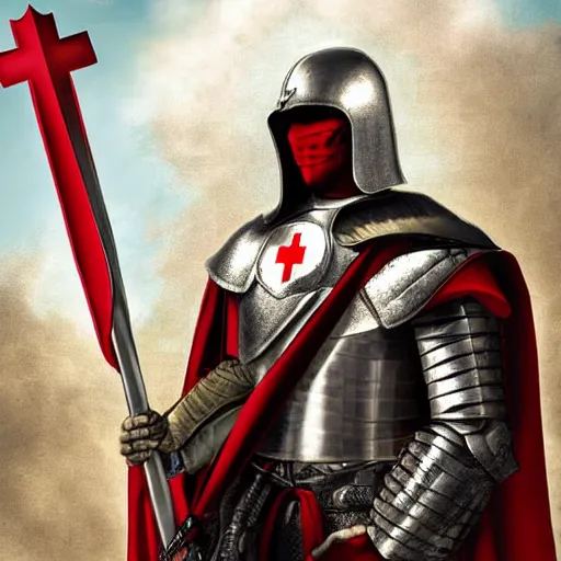 Image similar to man in crusader armor and cape with big red cross on it digital art realistic high detail