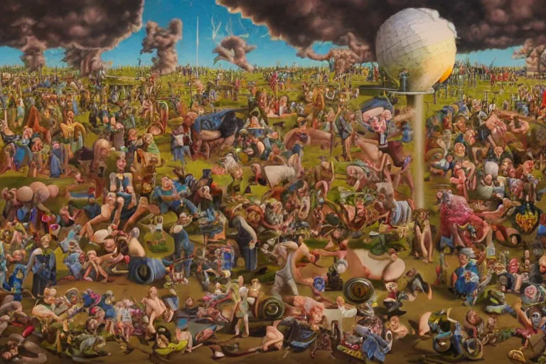 Image similar to a sparsely populated strange battle in an old hospital between old people and babies Robert Williams Mark Ryden and Alex Gross, Todd Schorr highly detailed deep perspective perfect composition