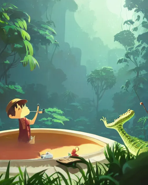 Image similar to a crocodile smoking a pipe while taking a bath in a well with lush vegetation around, cory loftis, james gilleard, atey ghailan, makoto shinkai, goro fujita, character art, rim light, exquisite lighting, clear focus, very coherent, plain background, soft painting