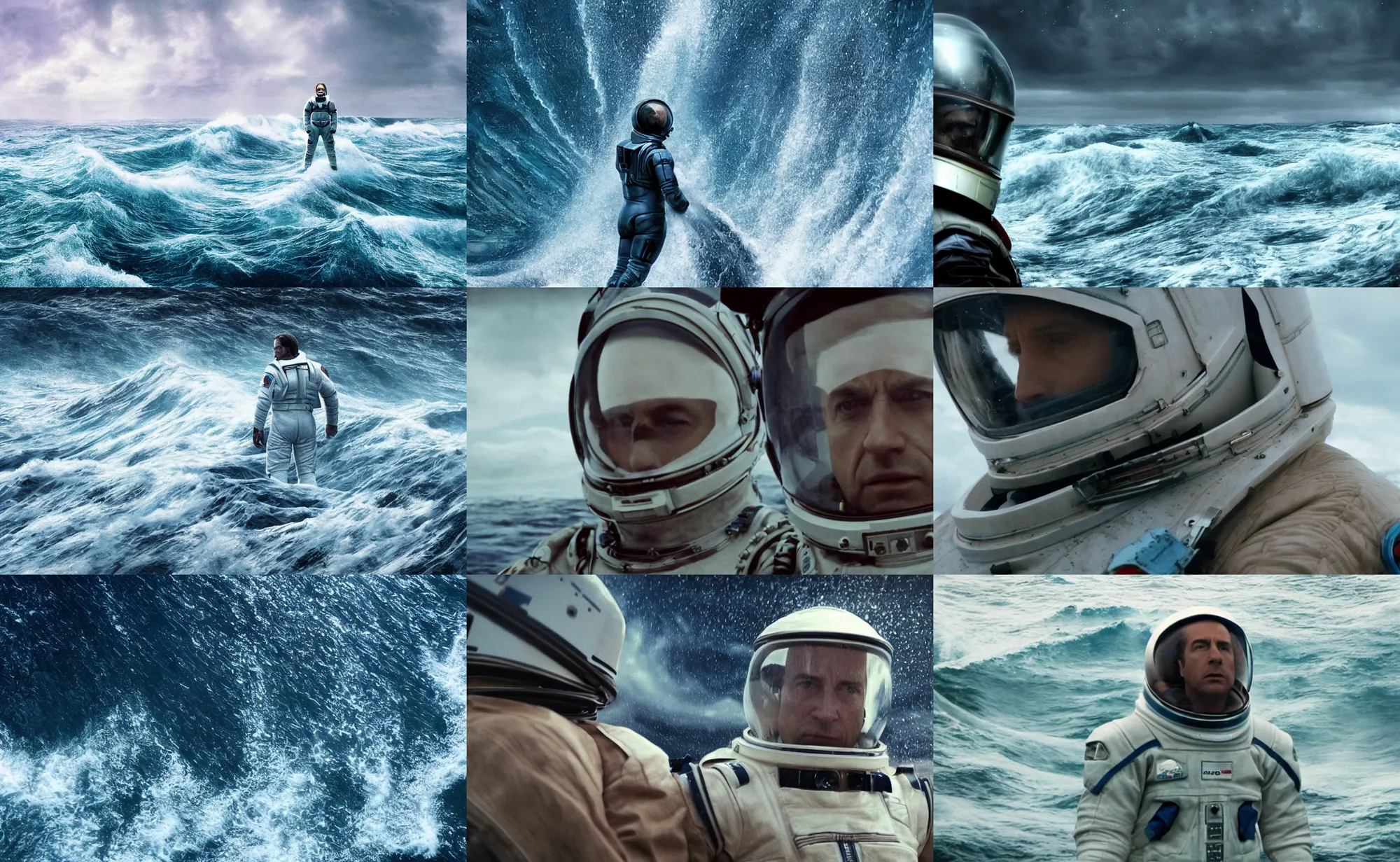 Prompt: on ocean , cinematic close up shot of saul goodman wearing the spacesuit in scene from the movie interstellar ,shady dull weather, panorama,natural dull colours, exteremely giant ocean wave in background