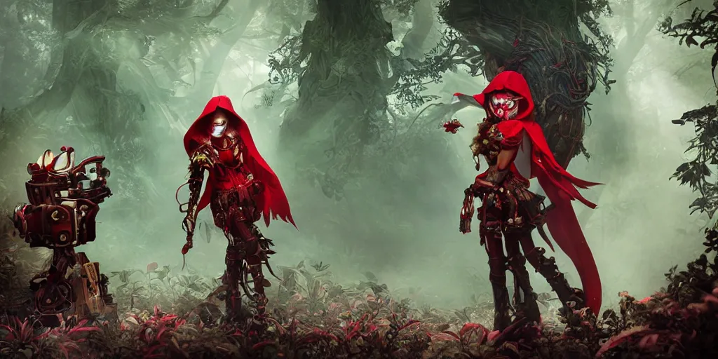 Image similar to red ridding hood and gamemaster unit hunting for mystical forest monster and wearing a steampunk and neonpunk mechanical fluorescent mystical animal mask. realism fornite style. full body, product introduction photos. luminescent, elements, by tooth wu and wlop and beeple and greg rutkowski, epic cinematic shot, perfectly defined features, ambient occlusion