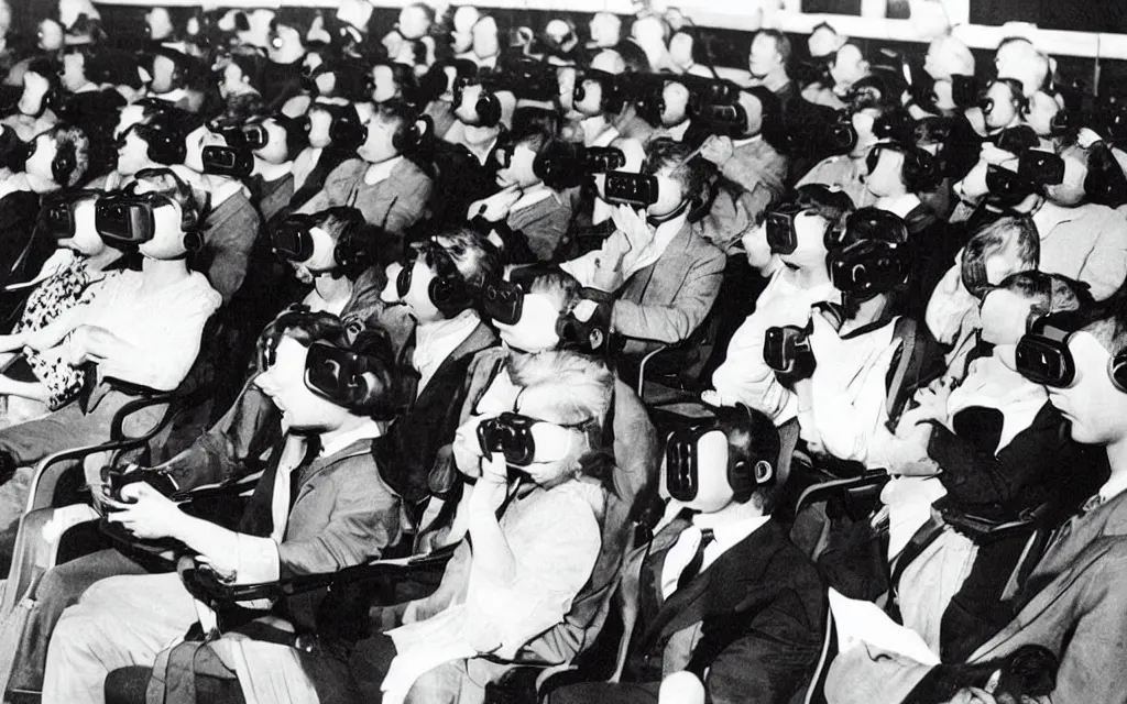 Prompt: 1 9 0 0 s photo of people using iphones ipods virtual reality headsets vr in a movie theater