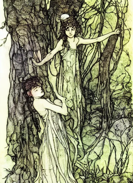 Prompt: fairy girl in forest, arthur rackham