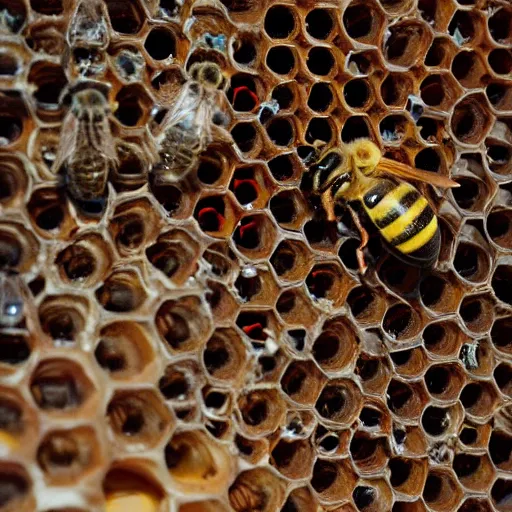 Image similar to wasp against bees inside a bee hive, artstation