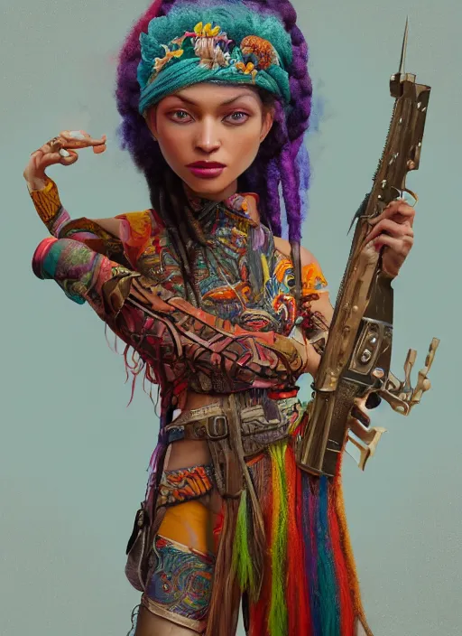 Image similar to an anthropomorphic beautiful goddess female wizard portrait holding rifle wearing colourful robe, colourful dreadlock breed hair, fine art, award winning, intricate, elegant, sharp focus, octane render, hyperrealistic, cinematic lighting, highly detailed, digital painting, 8 k concept art, art by jamie hewlett masterpiece, trending on artstation, 8 k