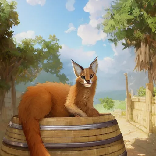 Image similar to a digital art of cute fluffy caracal near a wooden barrel lying at the side, at after noon, ancient greek city, sunny day, by krenz cushart and mucha and akihito yoshida and greg rutkowski and makoto shinkai, long shot, back lighting, detailed eyes, 4 k resolution, trending on art station