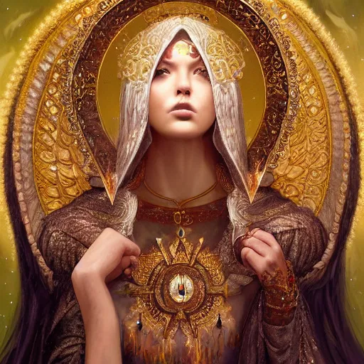 Image similar to A beautiful digital painting of a female Seraphim full of jewels, princess, the moon behind her, intricate, cinematic lighting, highly detailed, digital painting, Artstation, concept art, smooth, sharp focus, illustration, art by Tom Bagshaw, Artgerm and Greg Rutkowski