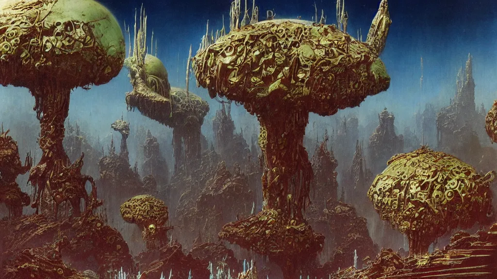 Image similar to surreal eerie alien planet empire with strange biomechanical plants by frank frazetta and bruce pennington, cinematic matte painting