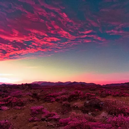 Image similar to the sky is a deep purple, with swirls of pink and orange. the ground is red and rocky, with strange plants growing in patches. there is a river of green liquid, and in the distance, you can see a mountain range.