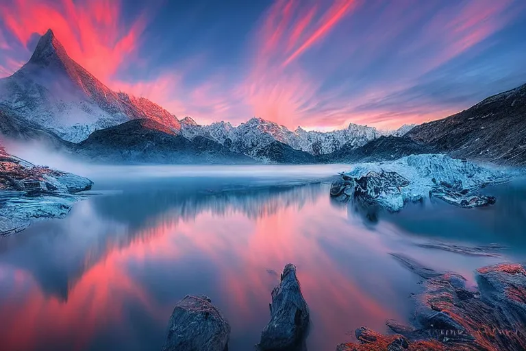 Image similar to amazing landscape photo of mountains with lake in sunset by marc adamus, beautiful dramatic lighting