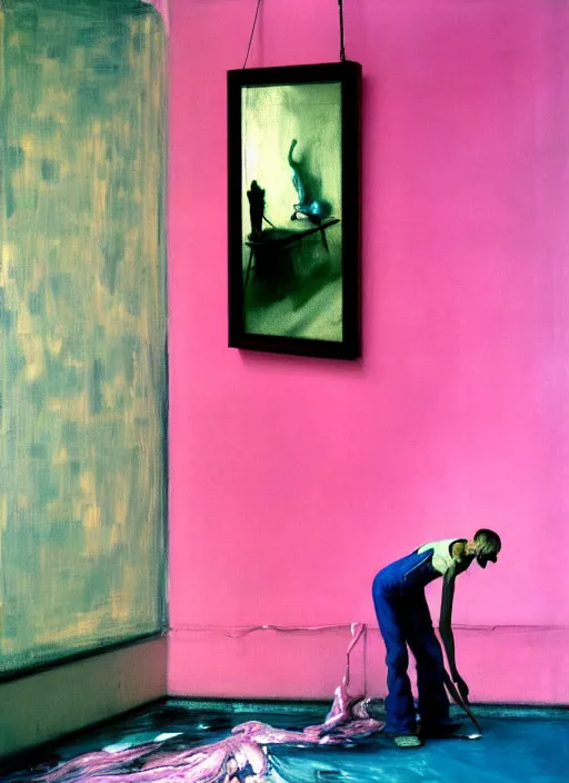 Image similar to an insane, skinny, artist wearing overalls, expressive, painting the walls inside a grand messy studio, hauntingly surreal, highly detailed painting by francis bacon, edward hopper, adrian ghenie, gerhard richter, and james jean, soft light 4 k in pink, green and blue colour palette, cinematic composition,