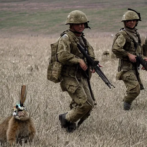 Image similar to an army of bunny rabbits, war photography, bunnies in army suits, battlefield