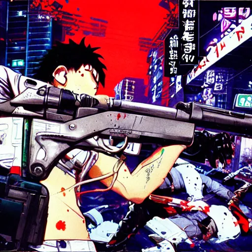 Image similar to 1991 Video Game Screenshot, Anime Neo-tokyo Cyborg bank robbers vs police shootout, bags of money, Police officer hit, Bullet Holes and Blood Splatter, Hostages, Cyberpunk, Anime VFX, Violent, Action, MP5S, FLCL, Highly Detailed, 8k :4 by Katsuhiro Otomo + Studio Gainax + Arc System Works : 8