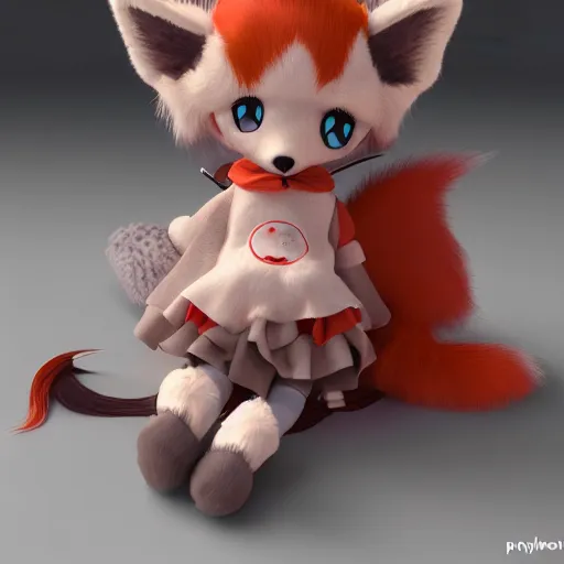 Image similar to cute fumo plush fox girl, floppy ears, gothic maiden, alert, furry anime, vray, smile, napping