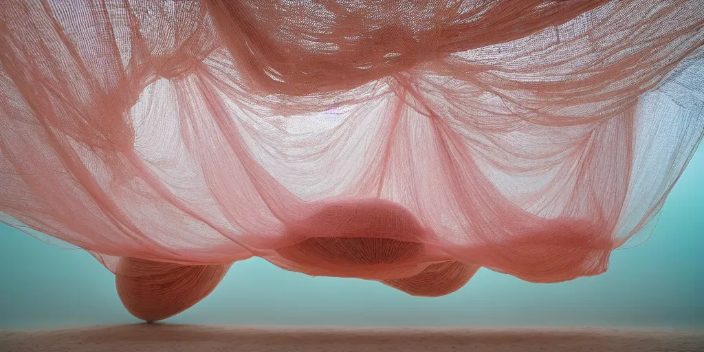 Image similar to soft biomorphic structures out of stocking - like material and nets that fills with various objects like spices, sand and shells by ernesto neto, dusty pink with light - mint color, film still from the movie directed by denis villeneuve with art direction by zdzisław beksinski, telephoto lens, shallow depth of field