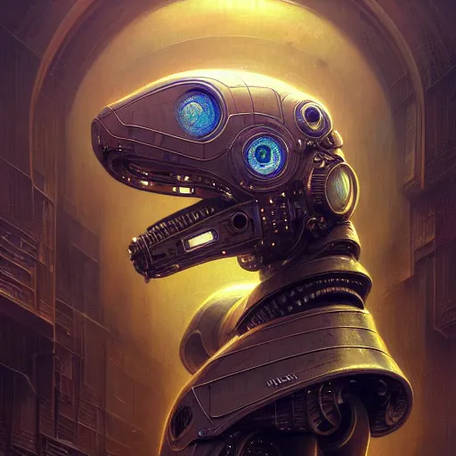 Image similar to low angle portrait shot of a cyberpunk dog robot, intricate, elegant, highly detailed, centered, digital painting, artstation, concept art, smooth, sharp focus, illustration, artgerm, Tomasz Alen Kopera, Peter Mohrbacher, donato giancola, Joseph Christian Leyendecker, WLOP, Boris Vallejo