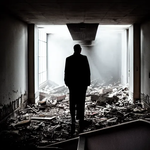 Prompt: A mysterious man standing in the middle of a stair hallway looking in the direction of the camera, the man is using a flashlight in a City in ruins with trees growing from the destroyed buildings :: apocalyptic, gloomy, desolate :: long shot, low angle, dramatic backlighting, symmetrical photography :: cinematic shot, highly detailed