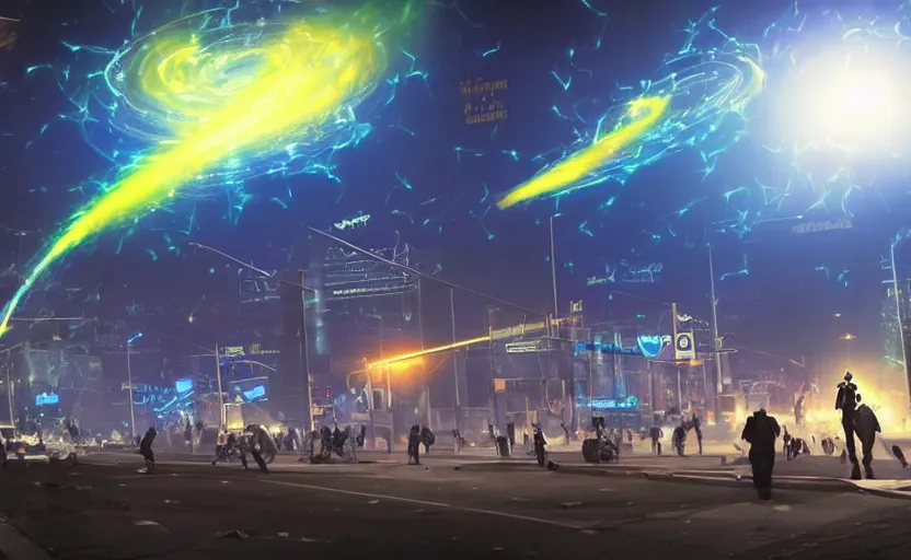 Image similar to people with posters attacking cops, a huge blue spiral - shaped white luminous attractor is floating on the horizon near the sun, stores in los angeles with light screens all over the street, concept art, art for the game, professional lighting, dark night lighting from streetlights