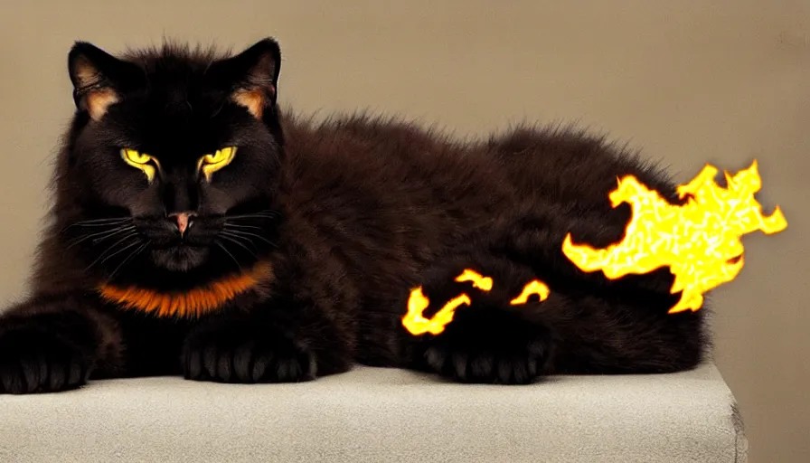 Prompt: big cat, black, fiery yellow eyes, flaming ears, paws, tail