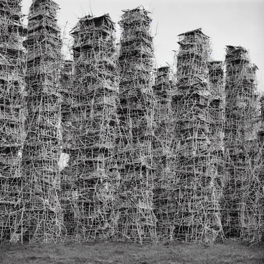 Image similar to organic looking towers, made up of makeshift squatter shacks with light colours, dystopia, mamiya rz 6 7, fully frontal view, very detailed, photographed by jeanette hagglund