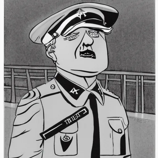 Prompt: donald trump as military school cadet by charles addams, black and white,